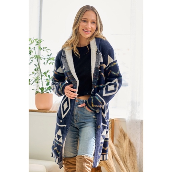 SOLD OUT Navy Rainbow Aztec Sherpa Lined Knit Button Hooded Cardigan Long Sleeve - Picture 4 of 7
